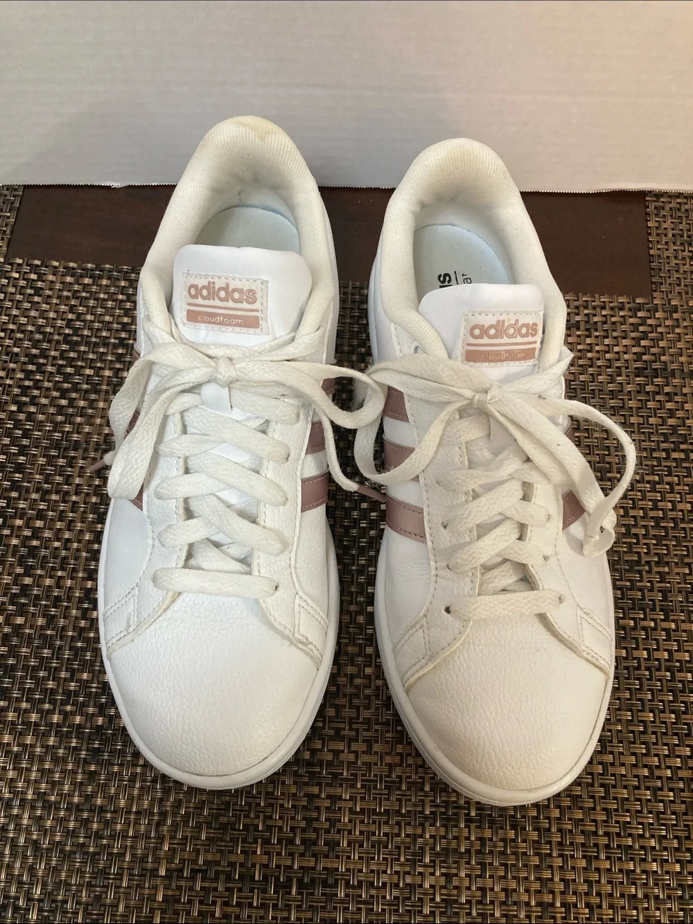 adidas White Sneakers with Light Pink Stripe Accents Size 8